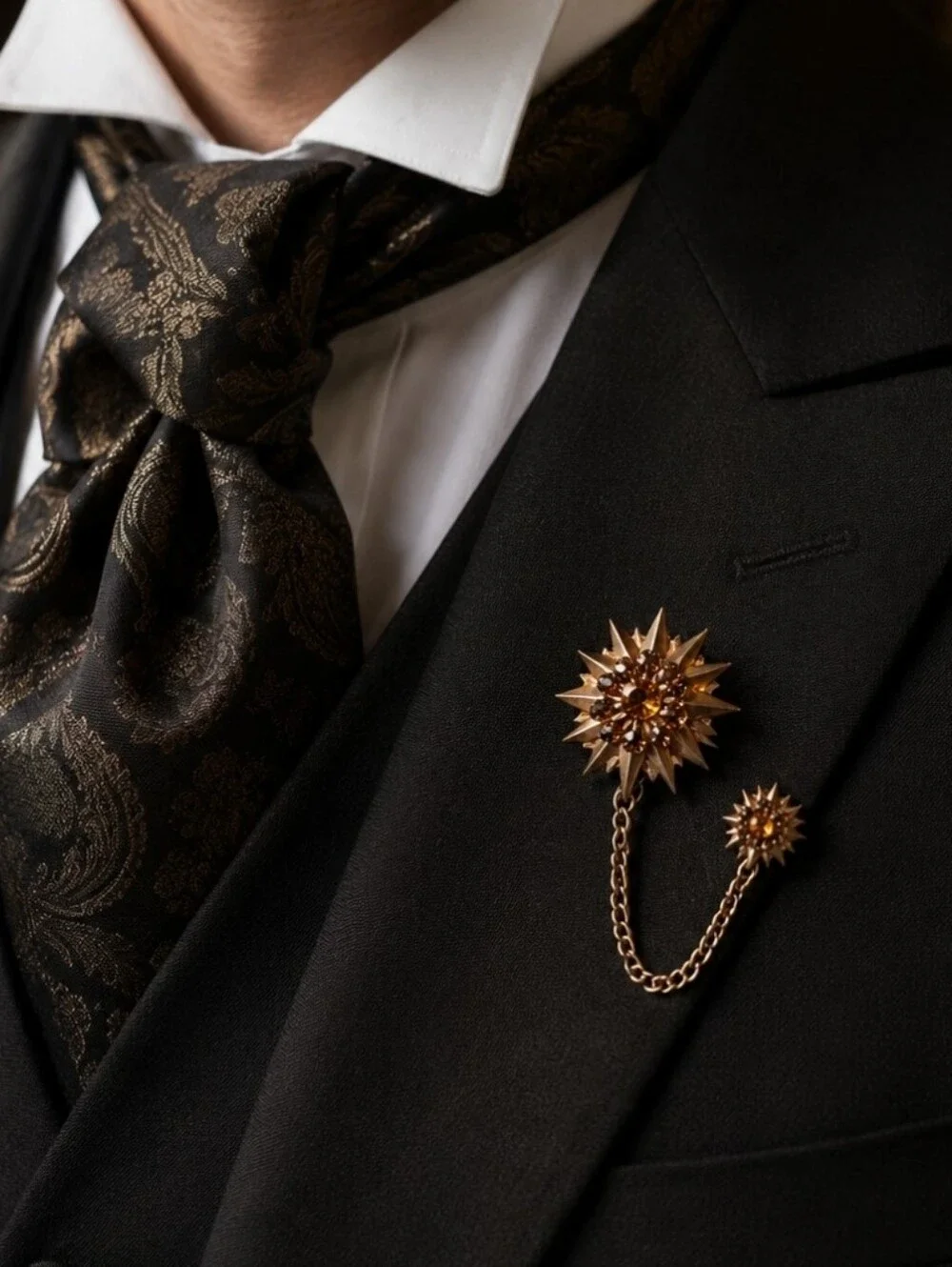 Unisex Vintage Dual Adornment Blazer Pin Brooch Gold Tone Topaz Stones Prong Set